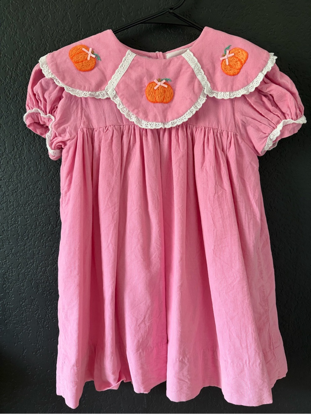 Cecil and Lou’s Girls' Pink Pumpkin Embroidery Corduroy Fall Dress Lace Size 7